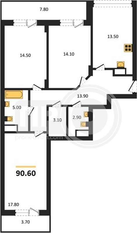 3-комнатная квартира, 90.6кв.м
