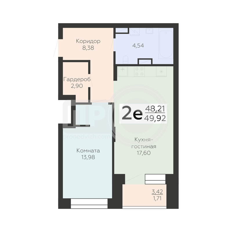 2-комнатная квартира, 49.92кв.м