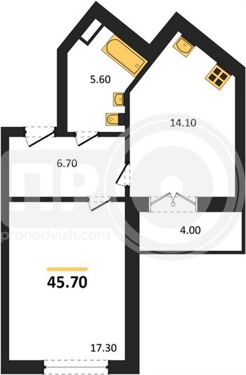 Миниатюра 1-комнатная квартира, 45.7кв.м