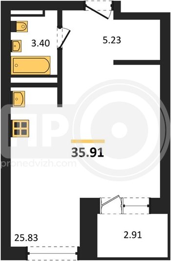 Миниатюра квартира-студия, 35,91кв.м.