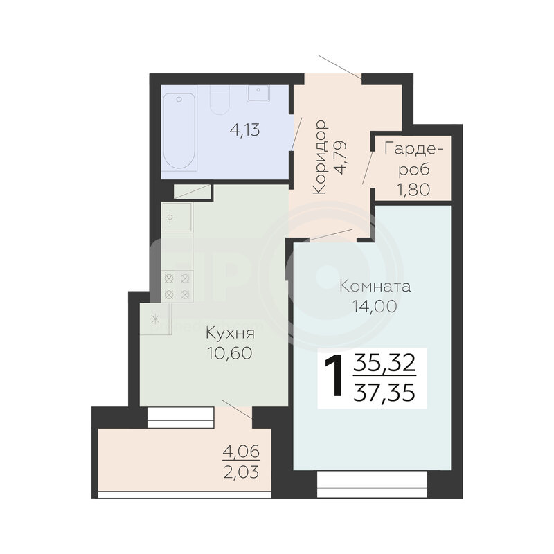 1-комнатная квартира, 37.35кв.м