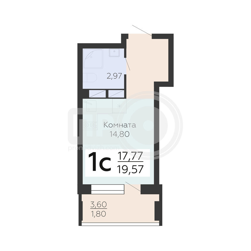 1-комнатная квартира, 19.57кв.м