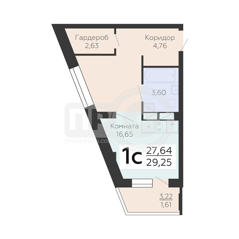 1-комнатная квартира, 29.25кв.м
