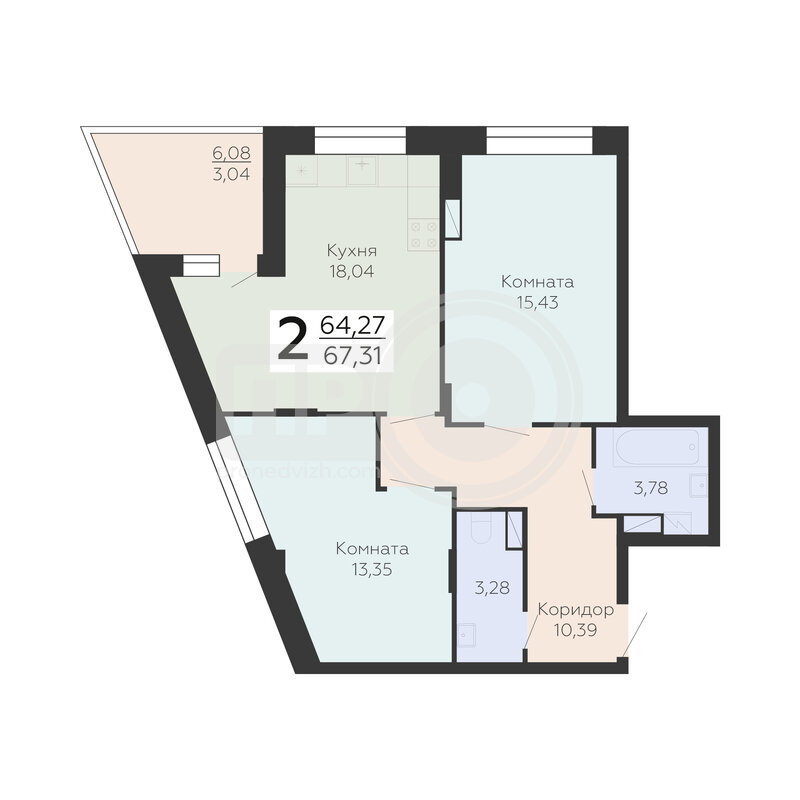 2-комнатная квартира, 67.3кв.м