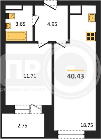 Миниатюра 1-комнатная квартира, 40.43кв.м