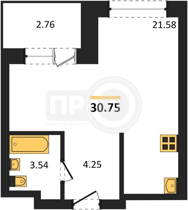 квартира-студия, 30,75кв.м.