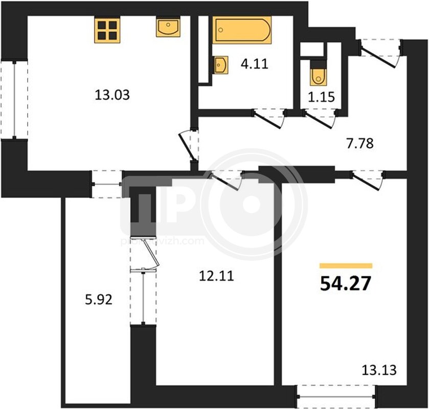 2-комнатная квартира, 54.27кв.м