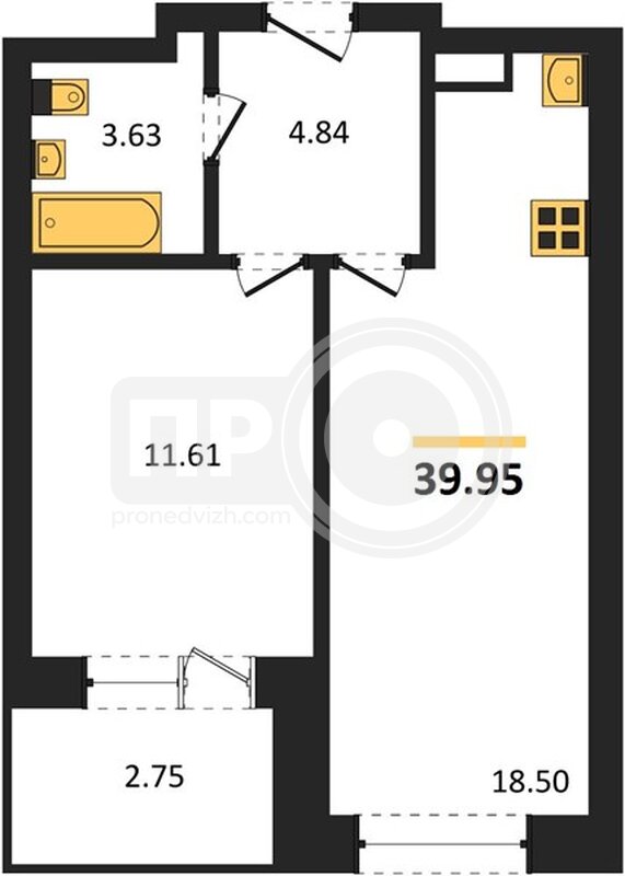 1-комнатная квартира, 39.95кв.м