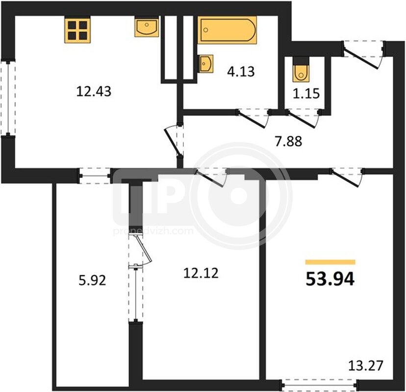 2-комнатная квартира, 53.94кв.м