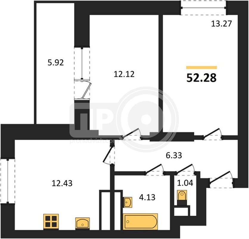 2-комнатная квартира, 52.28кв.м