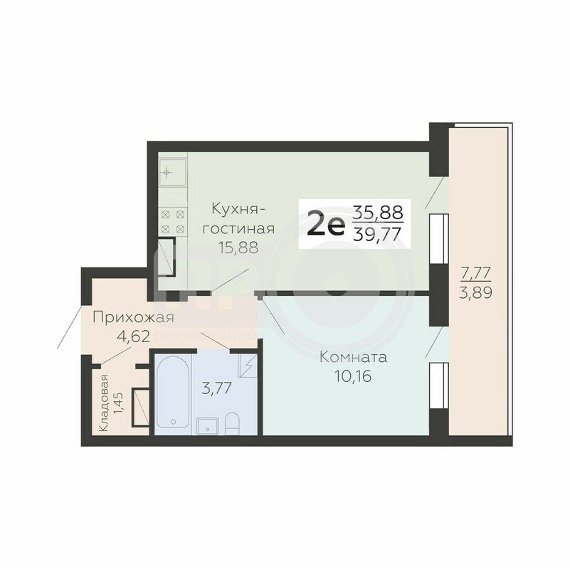 2-комнатная квартира, 39.77кв.м