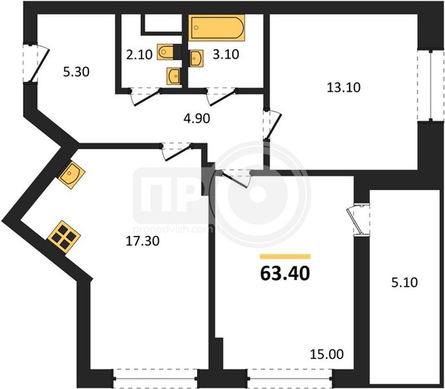 2-комнатная квартира, 63.4кв.м