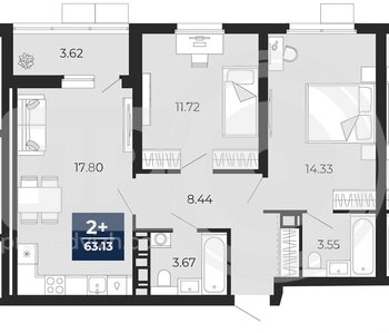 Миниатюра 2-комнатная квартира, 63.13кв.м