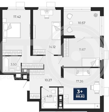 Миниатюра 3-комнатная квартира, 88.82кв.м