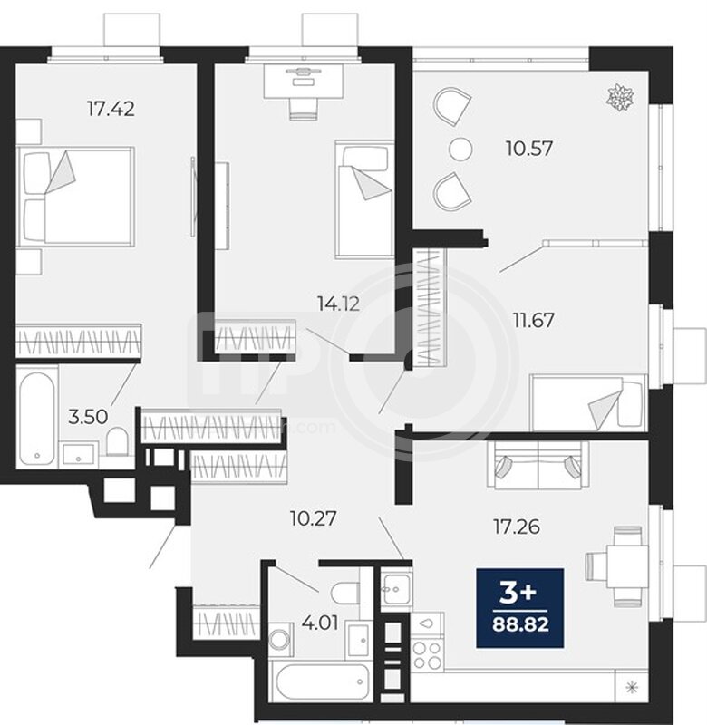 3-комнатная квартира, 88.82кв.м