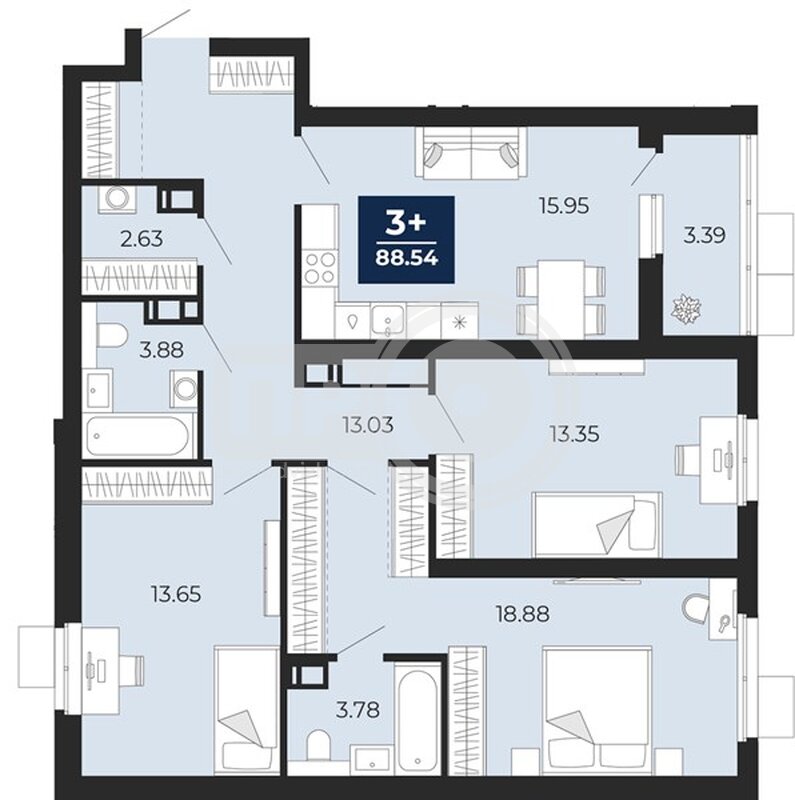 3-комнатная квартира, 88.54кв.м