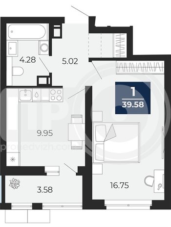 Миниатюра 1-комнатная квартира, 39.58кв.м