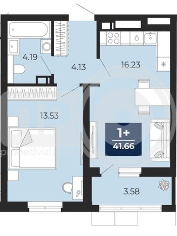Миниатюра 1-комнатная квартира, 41.66кв.м