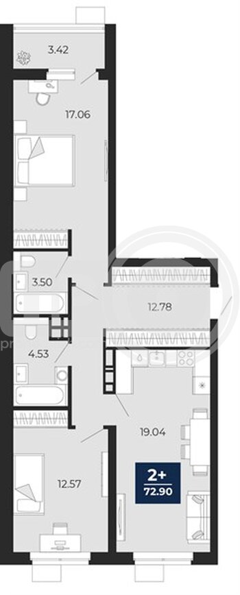 Миниатюра 2-комнатная квартира, 72.9кв.м