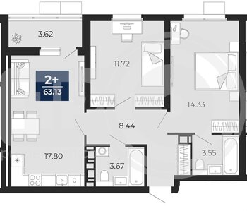 Миниатюра 2-комнатная квартира, 63.13кв.м