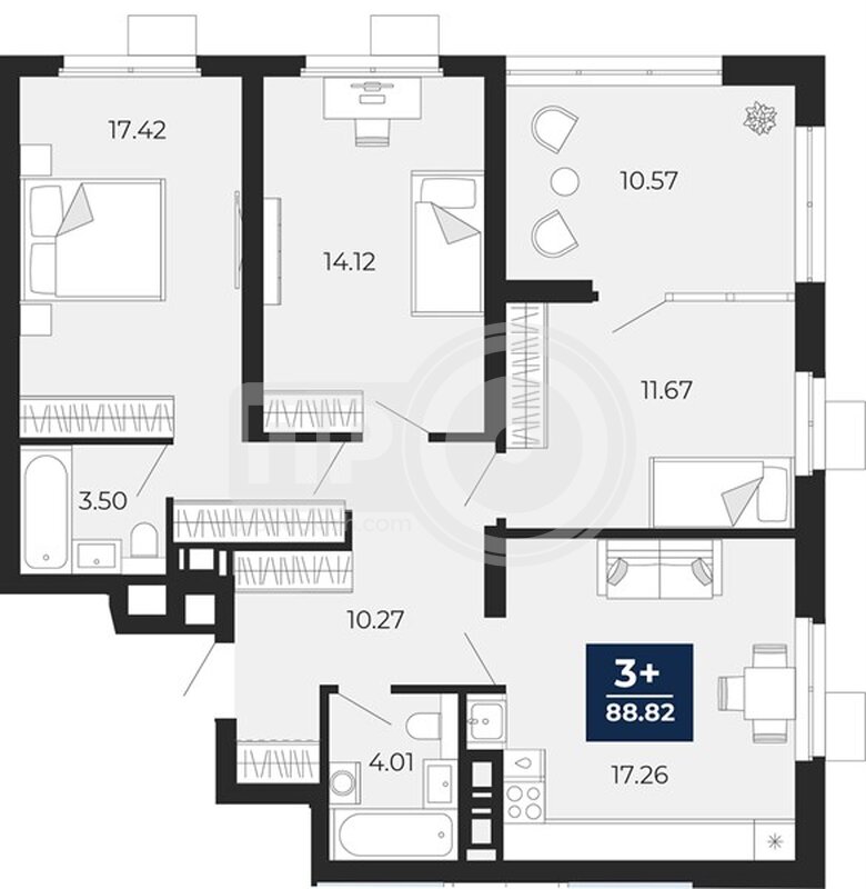 3-комнатная квартира, 88.82кв.м