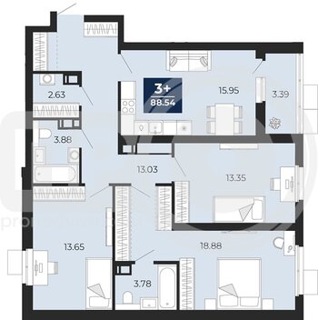 Миниатюра 3-комнатная квартира, 88.54кв.м