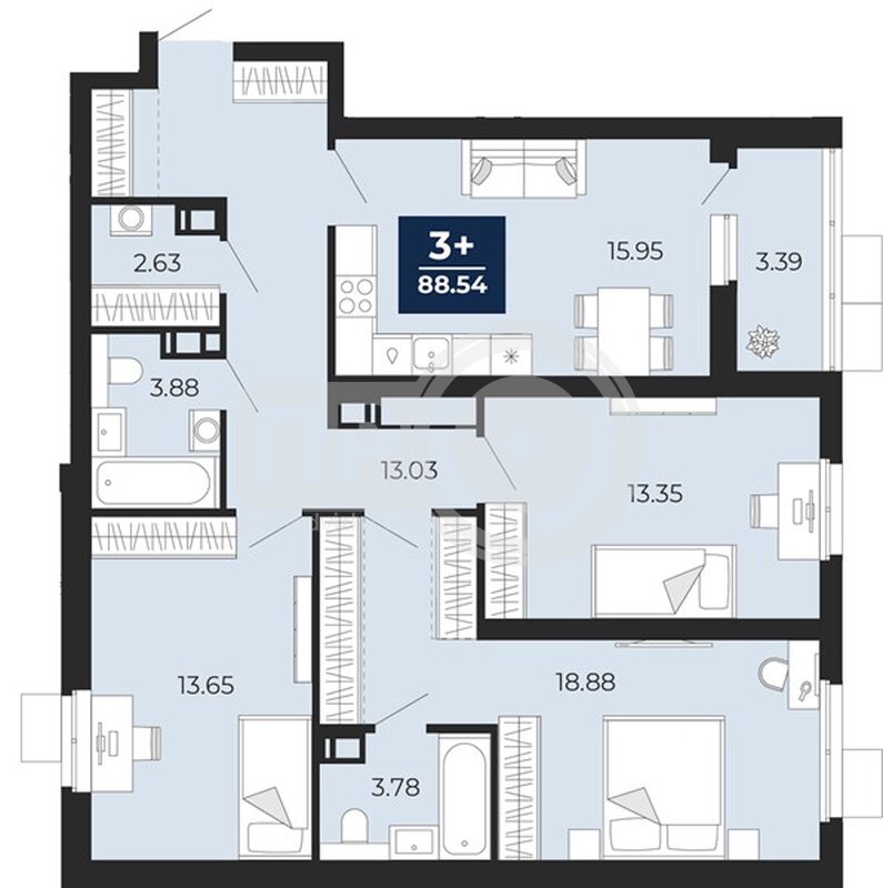 3-комнатная квартира, 88.54кв.м