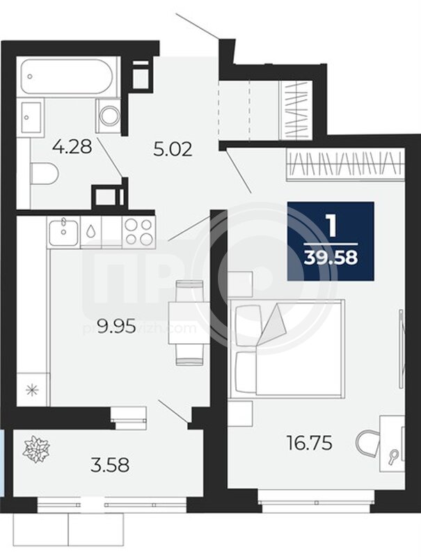 1-комнатная квартира, 39.58кв.м