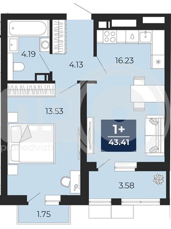 Миниатюра 1-комнатная квартира, 43.41кв.м