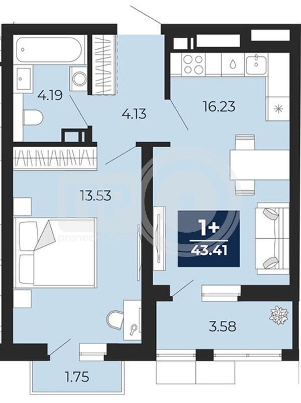 1-комнатная квартира, 43.41кв.м