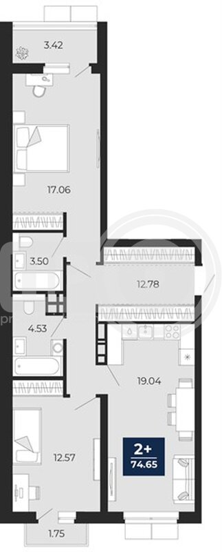 2-комнатная квартира, 74.65кв.м