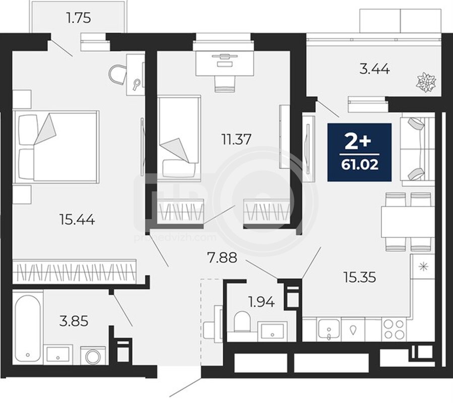 2-комнатная квартира, 61.02кв.м