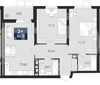 Миниатюра 2-комнатная квартира, 63.13кв.м