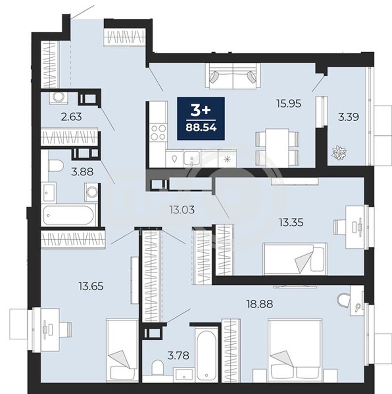 3-комнатная квартира, 88.54кв.м