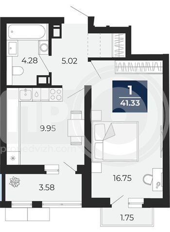 Миниатюра 1-комнатная квартира, 41.33кв.м