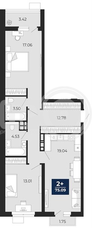 2-комнатная квартира, 75.09кв.м
