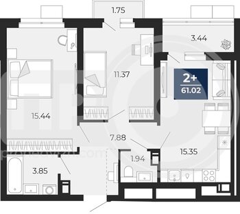 Миниатюра 2-комнатная квартира, 61.02кв.м