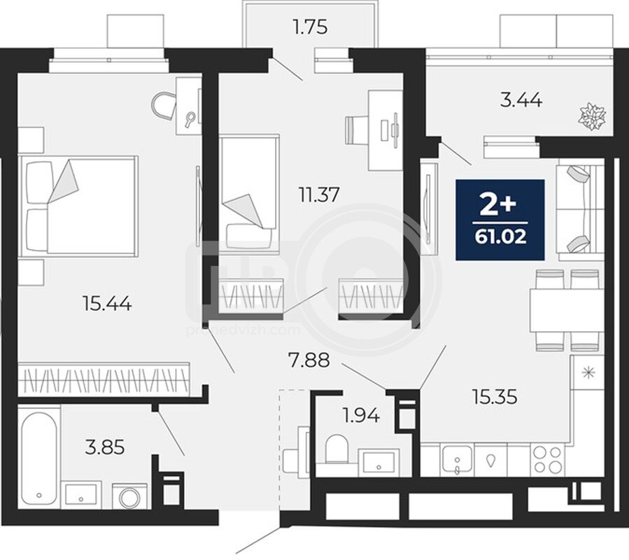 2-комнатная квартира, 61.02кв.м
