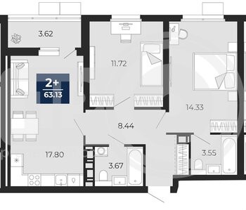 Миниатюра 2-комнатная квартира, 63.13кв.м
