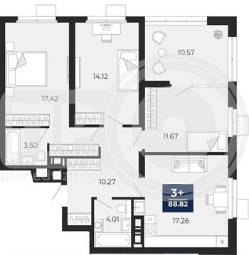 Миниатюра 3-комнатная квартира, 88.82кв.м
