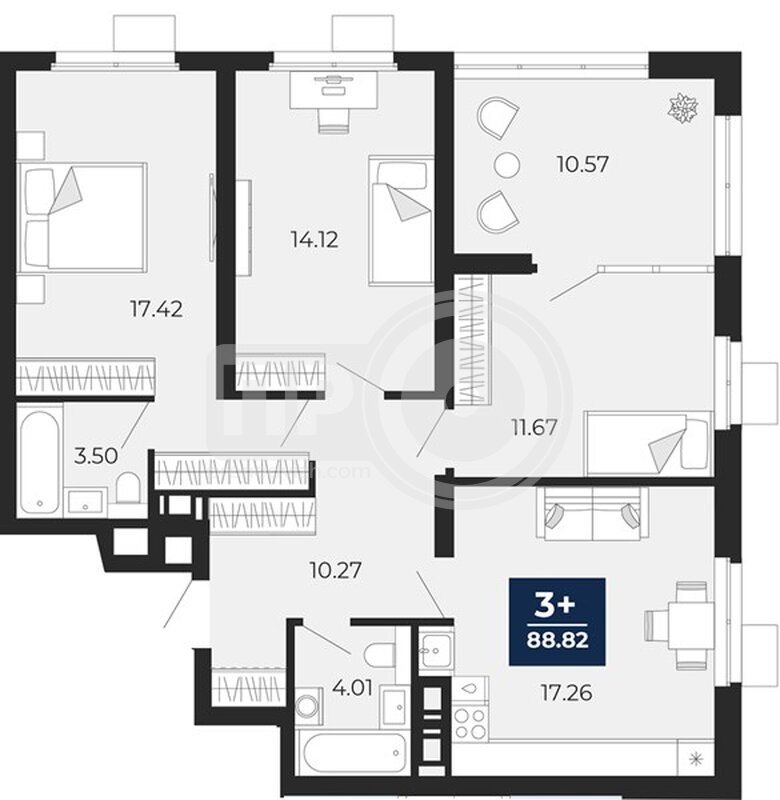 3-комнатная квартира, 88.82кв.м