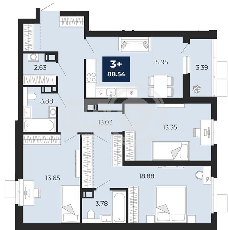 3-комнатная квартира, 88.54кв.м