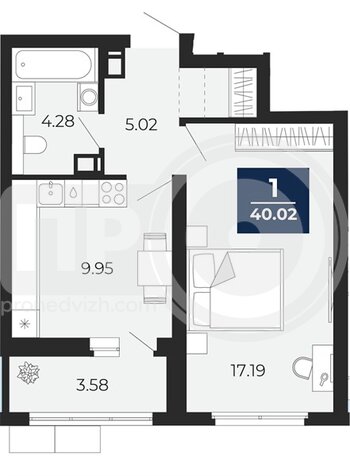 Миниатюра 1-комнатная квартира, 40.02кв.м