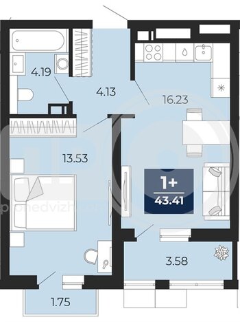 Миниатюра 1-комнатная квартира, 43.41кв.м