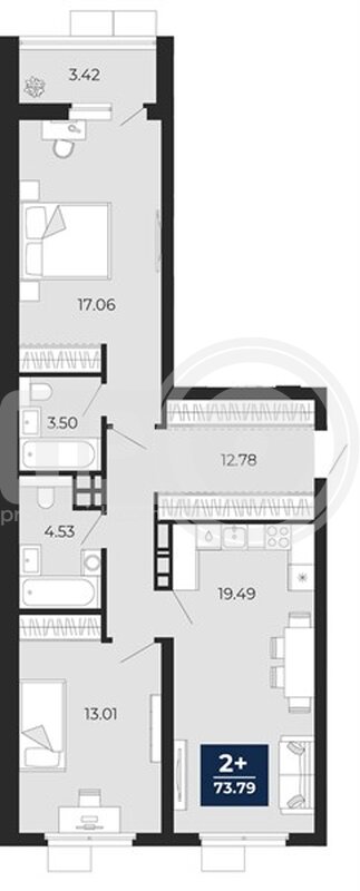2-комнатная квартира, 73.79кв.м