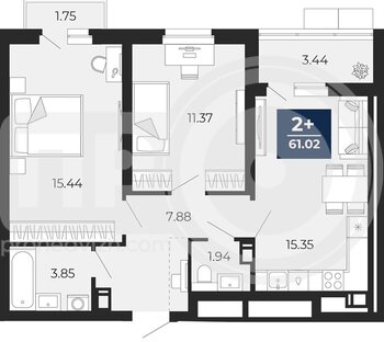 Миниатюра 2-комнатная квартира, 61.02кв.м