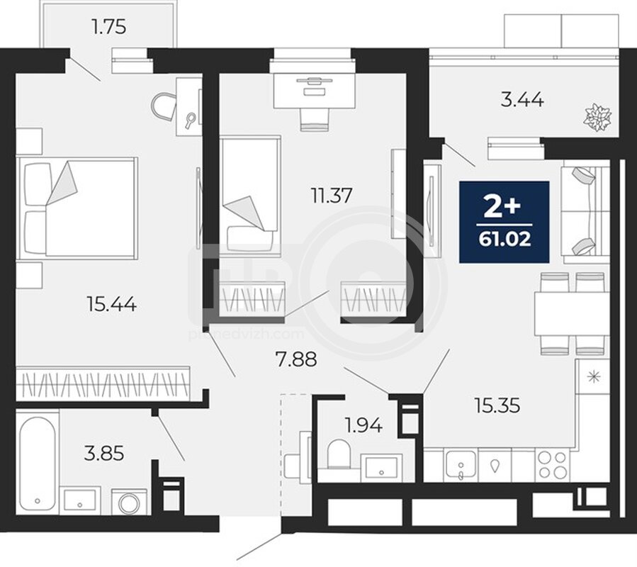 2-комнатная квартира, 61.02кв.м