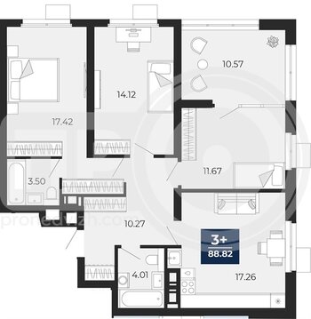 Миниатюра 3-комнатная квартира, 88.82кв.м