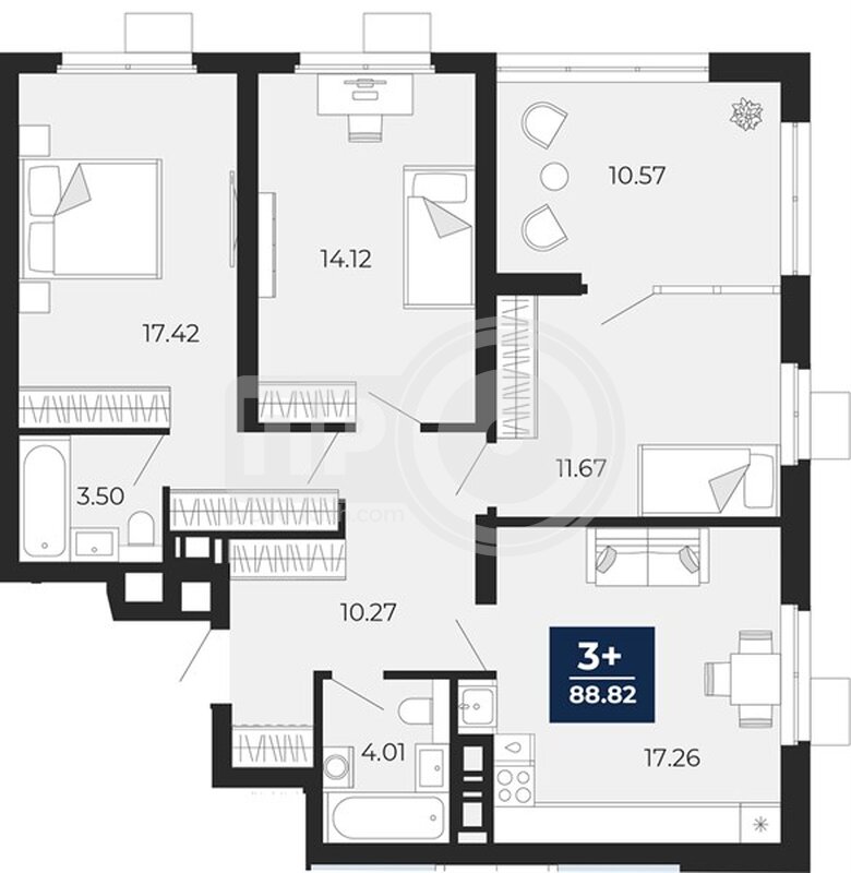 3-комнатная квартира, 88.82кв.м
