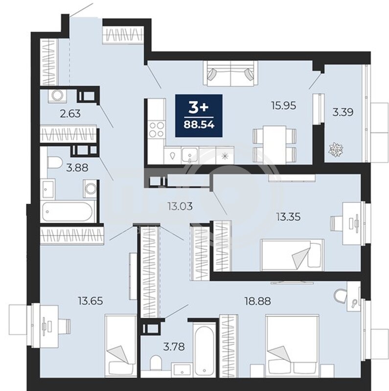 3-комнатная квартира, 88.54кв.м